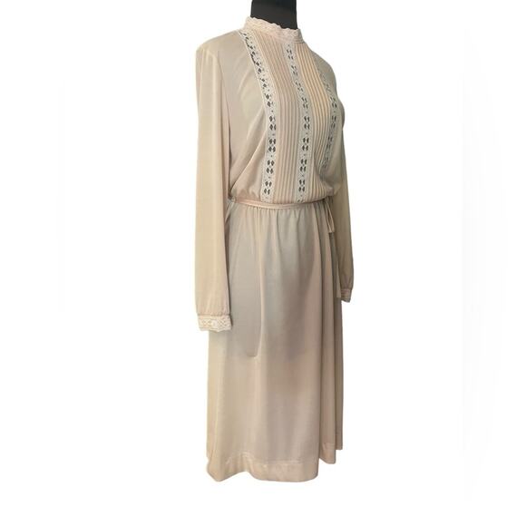 Vtg Soft Girl Modest Coquette Sheer Lace Trim Belted Boho Feminine Midi Dress M - Picture 2 of 9